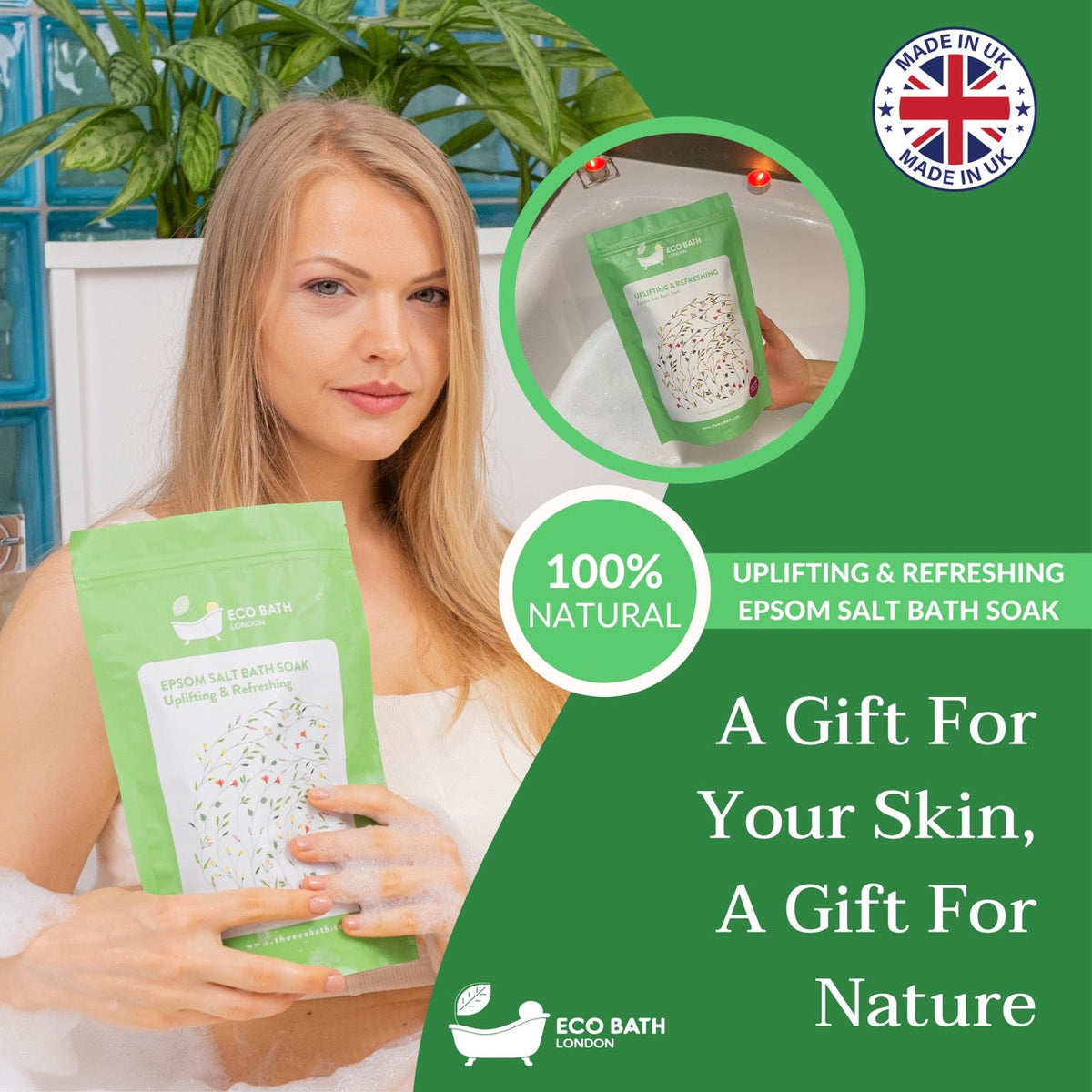 Eco Bath London Uplifting and Refreshing Epsom Salt Bath Soak - Pouch, 500g or 1kg