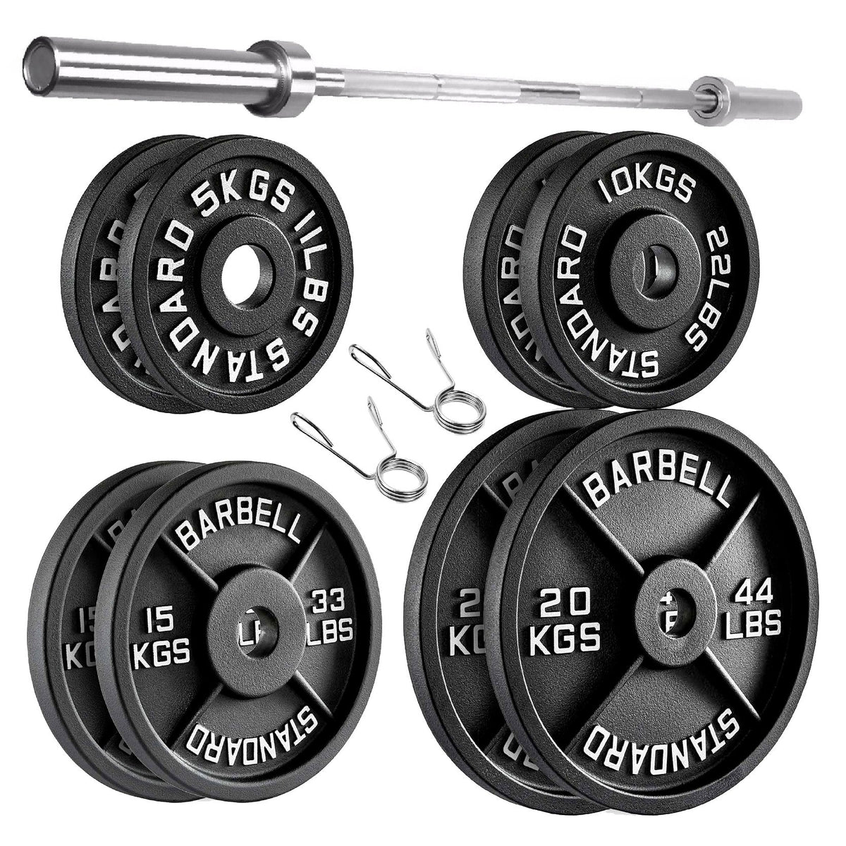 Cast Iron Weight Plates Set and Pair with Olympic Barbell + Clips
