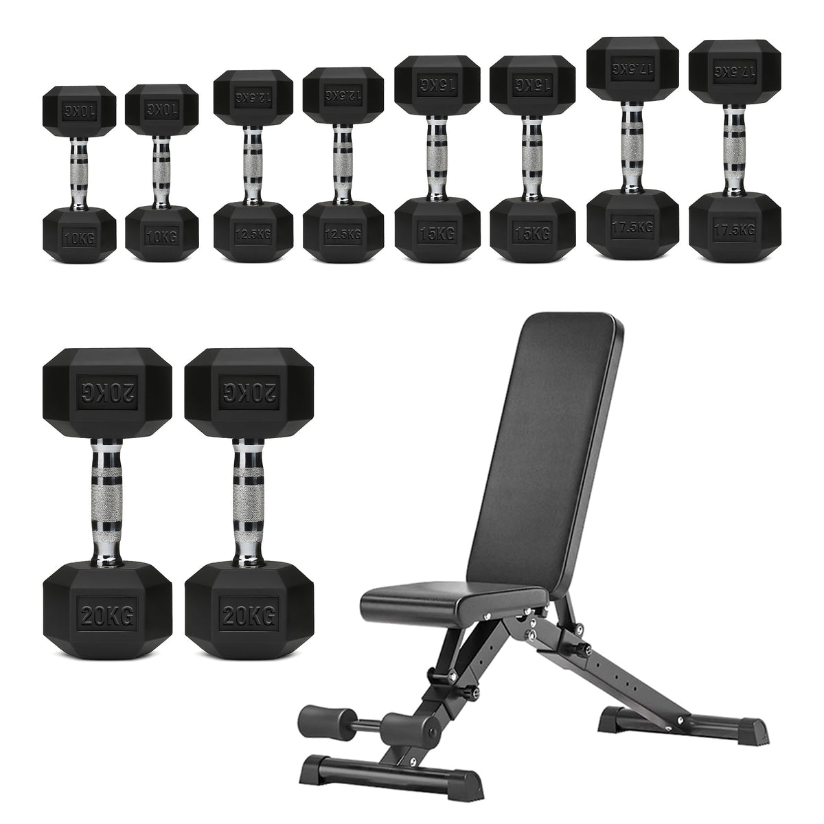 Hex Dumbbells 5 Tier Rack with or without Weights & Bench – Vertical Dumbbell Storage Stand for Home Gym