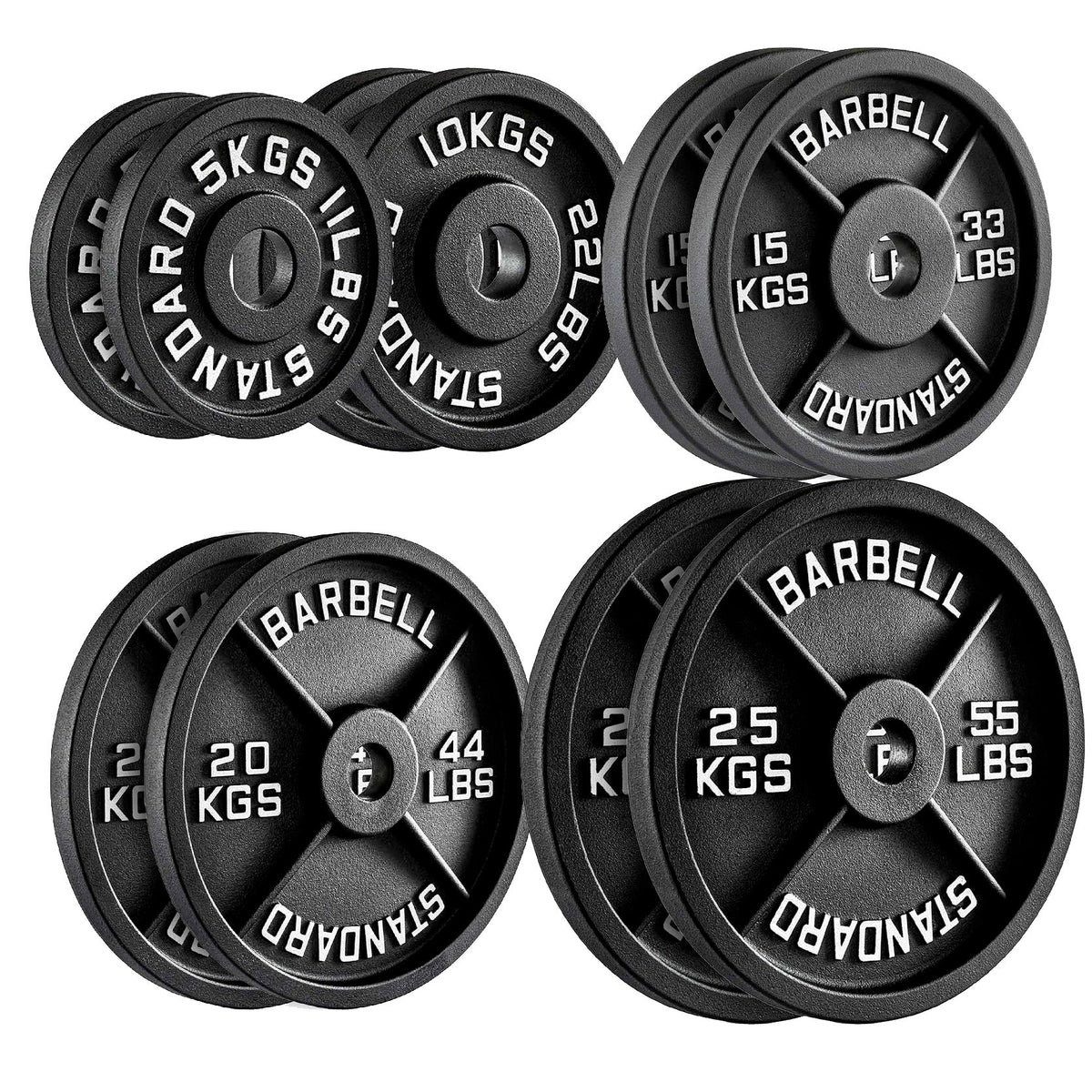 Cast Iron Weight Plates Set and Pair with Olympic Barbell + Clips