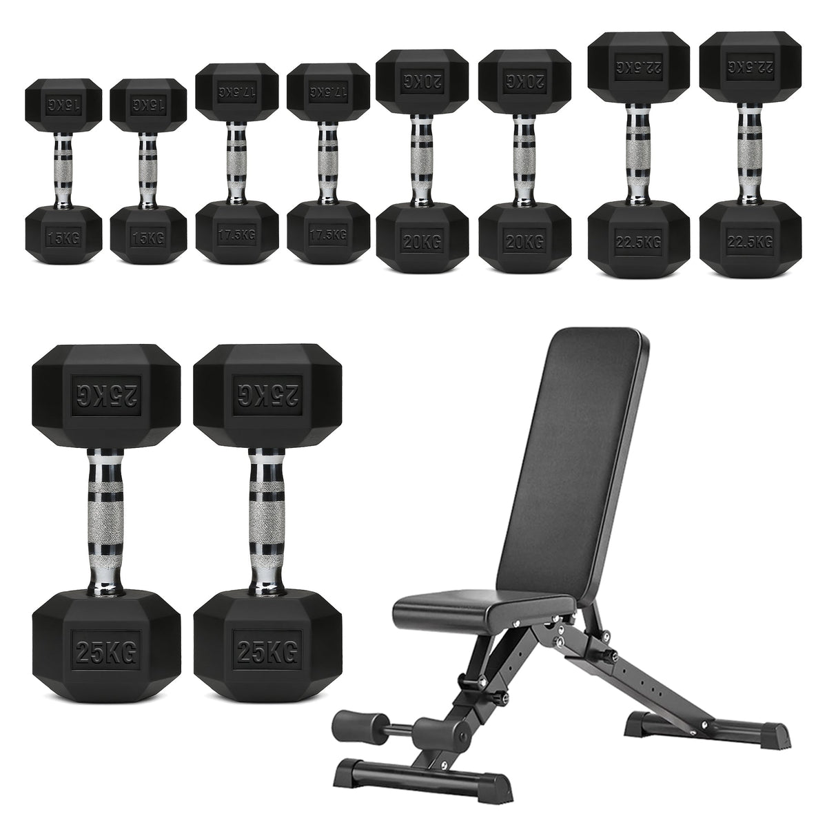 Hex Dumbbells 5 Tier Rack with or without Weights & Bench – Vertical Dumbbell Storage Stand for Home Gym