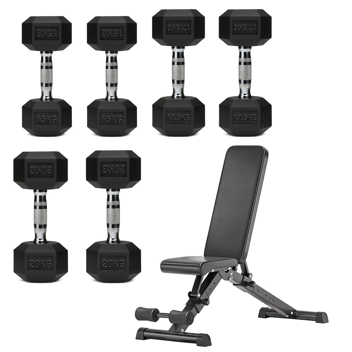 Hex Dumbbell Set with 3-Tier Tree Rack & Optional Bench – Rubber Coated Anti-Roll Weights for Home Gym