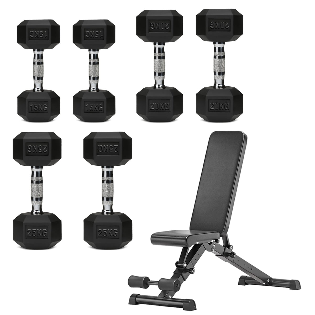 Hex Dumbbell Set with 3-Tier Tree Rack & Optional Bench – Rubber Coated Anti-Roll Weights for Home Gym