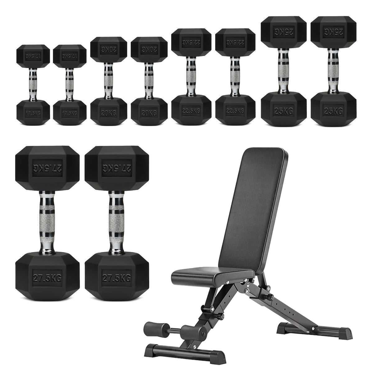 Hex Dumbbells 5 Tier Rack with or without Weights & Bench – Vertical Dumbbell Storage Stand for Home Gym