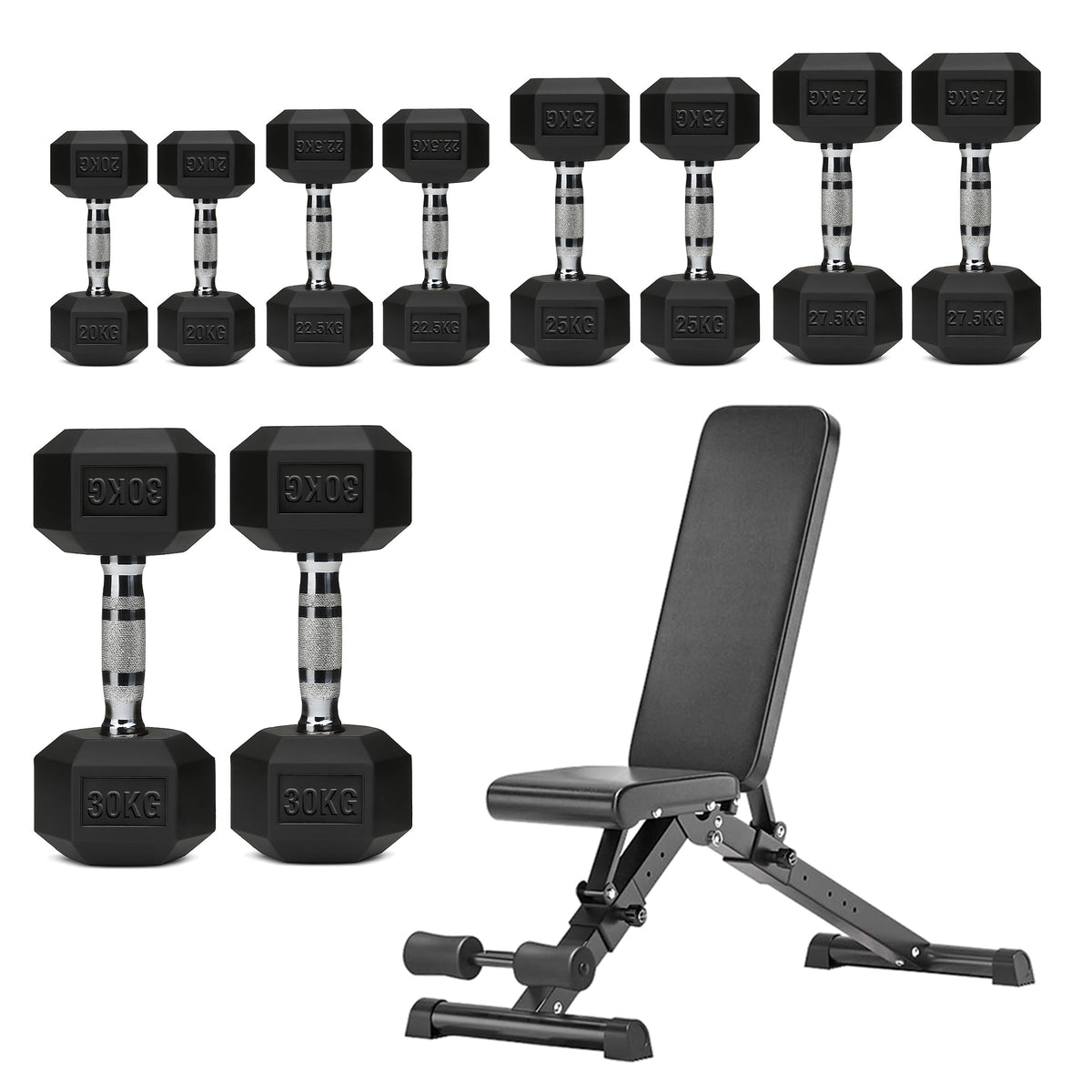 Hex Dumbbells 5 Tier Rack with or without Weights & Bench – Vertical Dumbbell Storage Stand for Home Gym