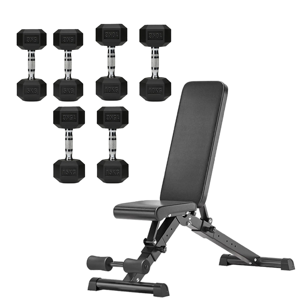 Hex Dumbbell Set with 3-Tier Tree Rack & Optional Bench – Rubber Coated Anti-Roll Weights for Home Gym