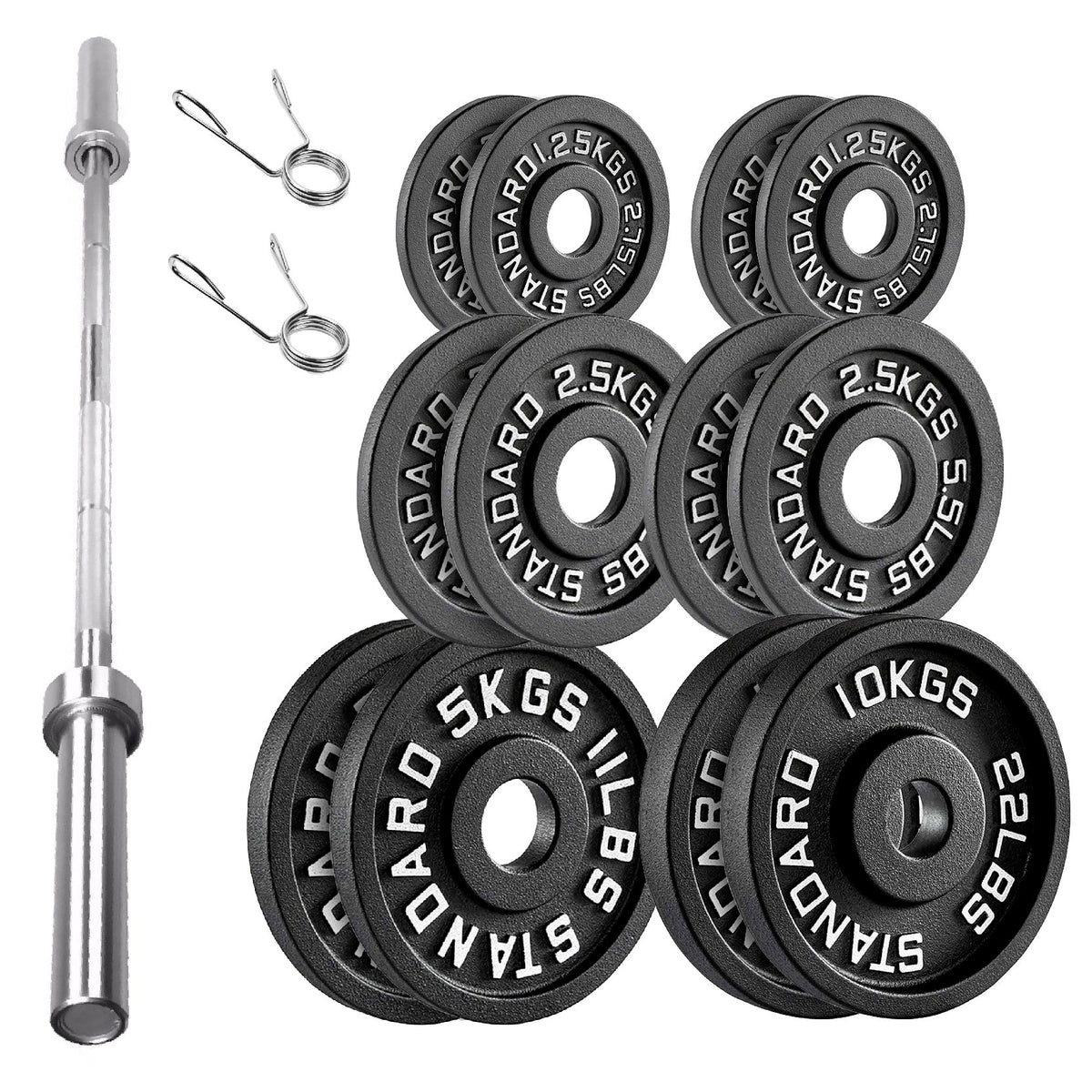 Cast Iron Weight Plates Set and Pair with Olympic Barbell + Clips