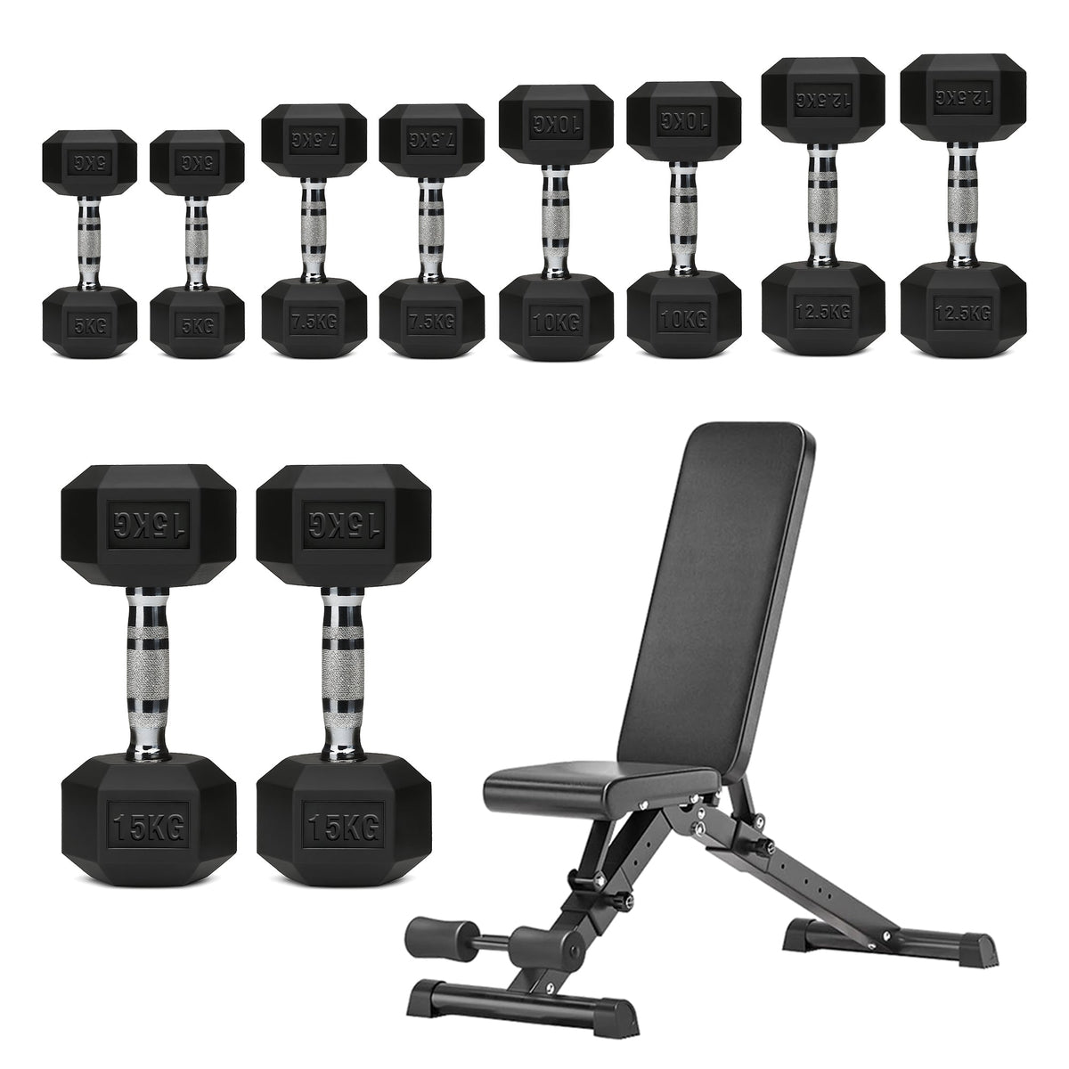 Hex Dumbbells 5 Tier Rack with or without Weights & Bench – Vertical Dumbbell Storage Stand for Home Gym