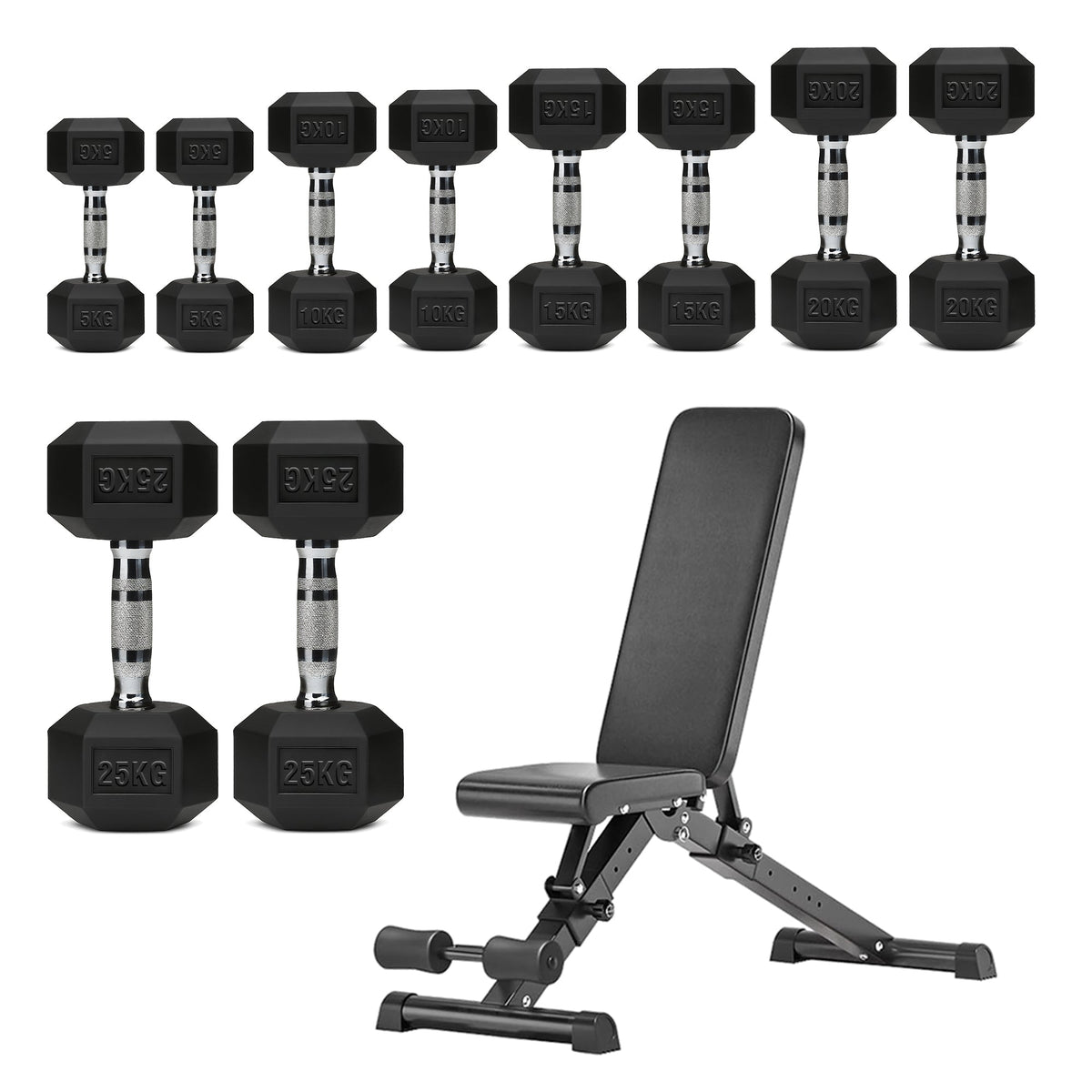 Hex Dumbbells 5 Tier Rack with or without Weights & Bench – Vertical Dumbbell Storage Stand for Home Gym