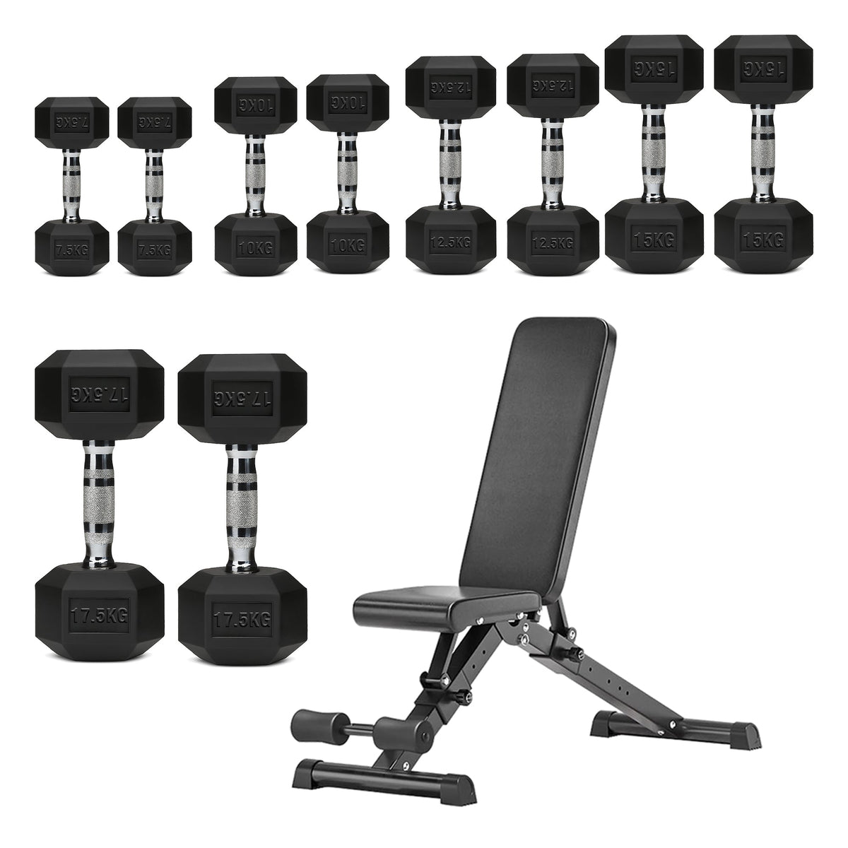 Hex Dumbbells 5 Tier Rack with or without Weights & Bench – Vertical Dumbbell Storage Stand for Home Gym