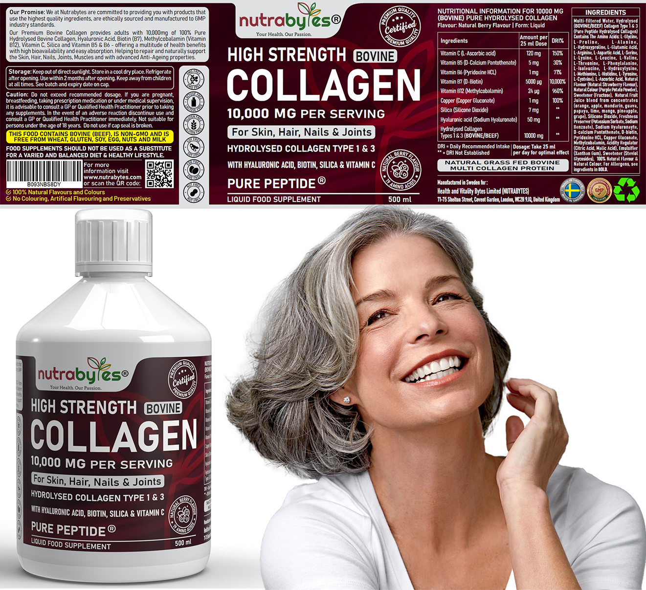 High-Strength Liquid Bovine Collagen Supplement for Women and Men, 10,000 mg Liquid Collagen with Hyaluronic Acid and Vitamin C, 19 Amino Acids, Collagen Types 1 and 3, Berry Flavoured, Halal & Kosher certified