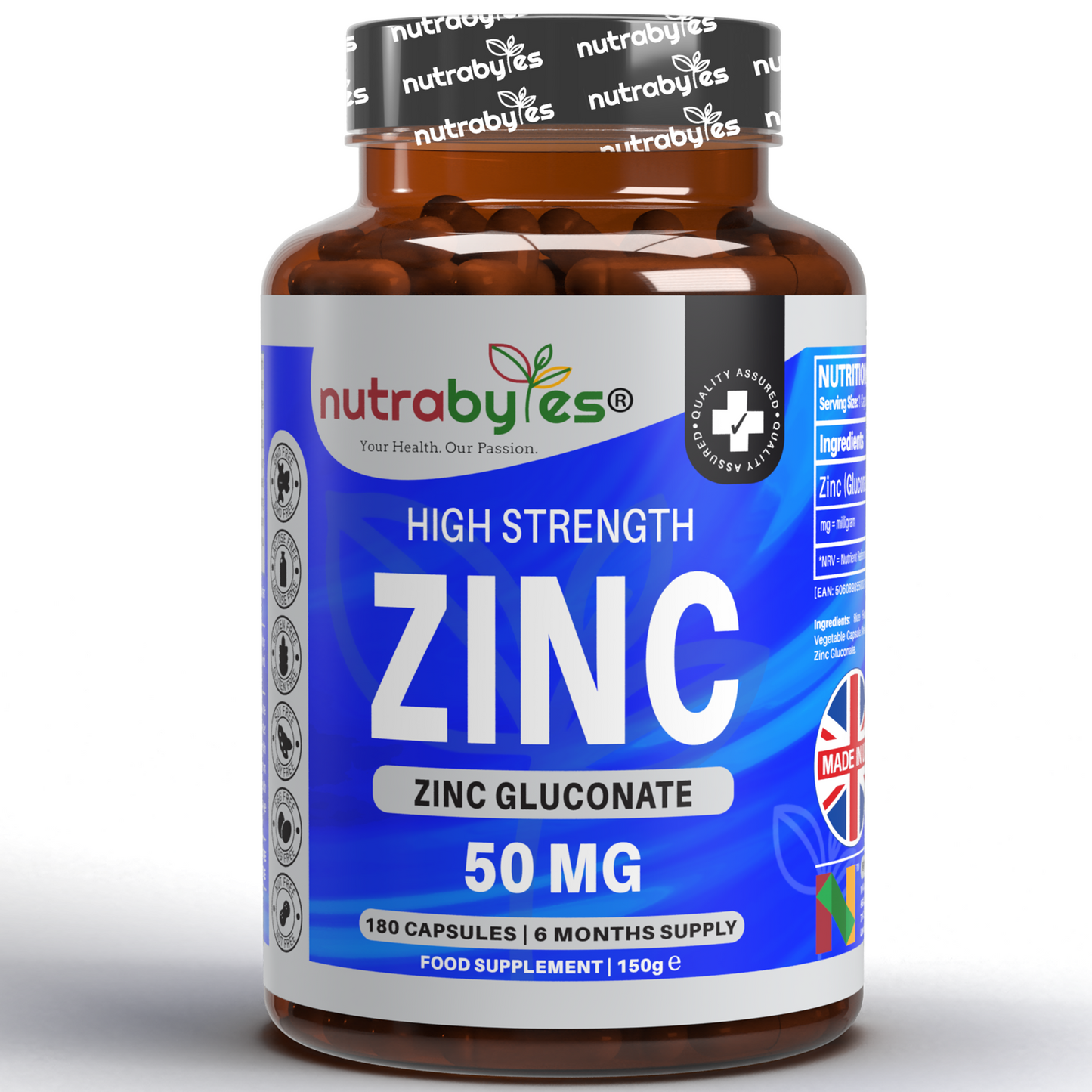 Zinc (Gluconate) 50mg | Maximum Strength, Pure Zinc Capsules | 180 Vegan Capsules | 6 Months Supply | Immunity Support, Eye & Skin Health | Made in the UK
