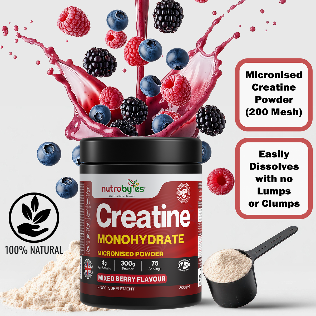 Creatine Monohydrate Powder | Micronised 200 Mesh | 300g | Mixed Berry Flavour | 4G Per Serving | Vegan Certified