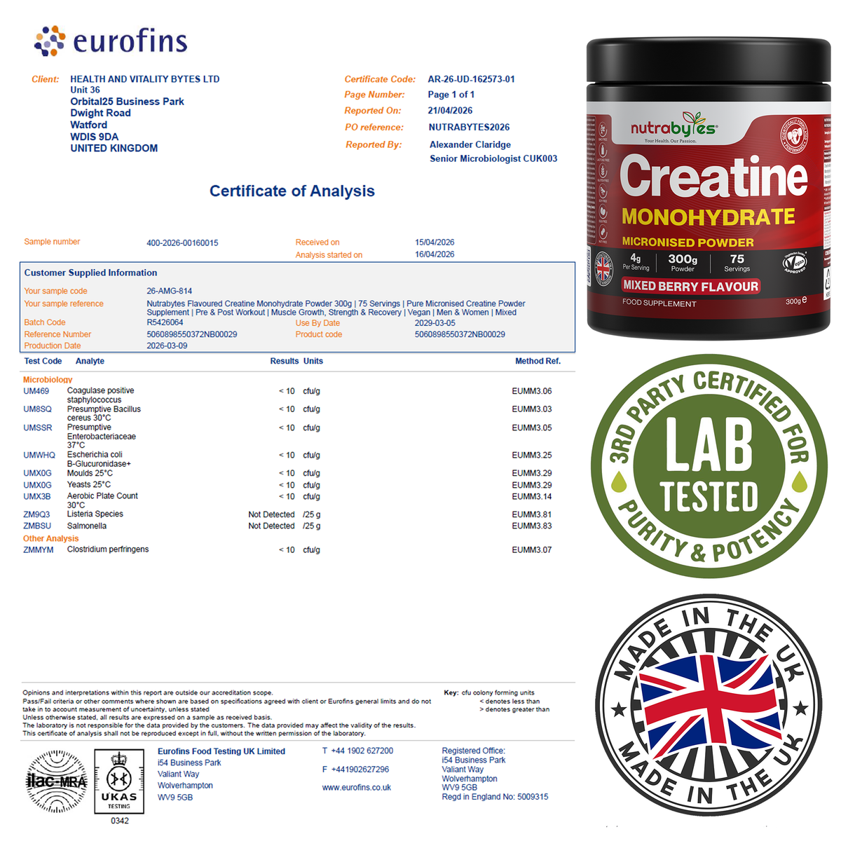 Creatine Monohydrate Powder | Micronised 200 Mesh | 300g | Mixed Berry Flavour | 4G Per Serving | Vegan Certified