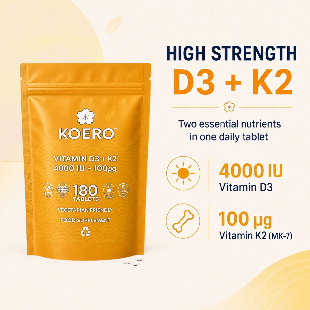 Vitamin D3 4000 IU + K2 MK-7 100 µg – 180 Tablets