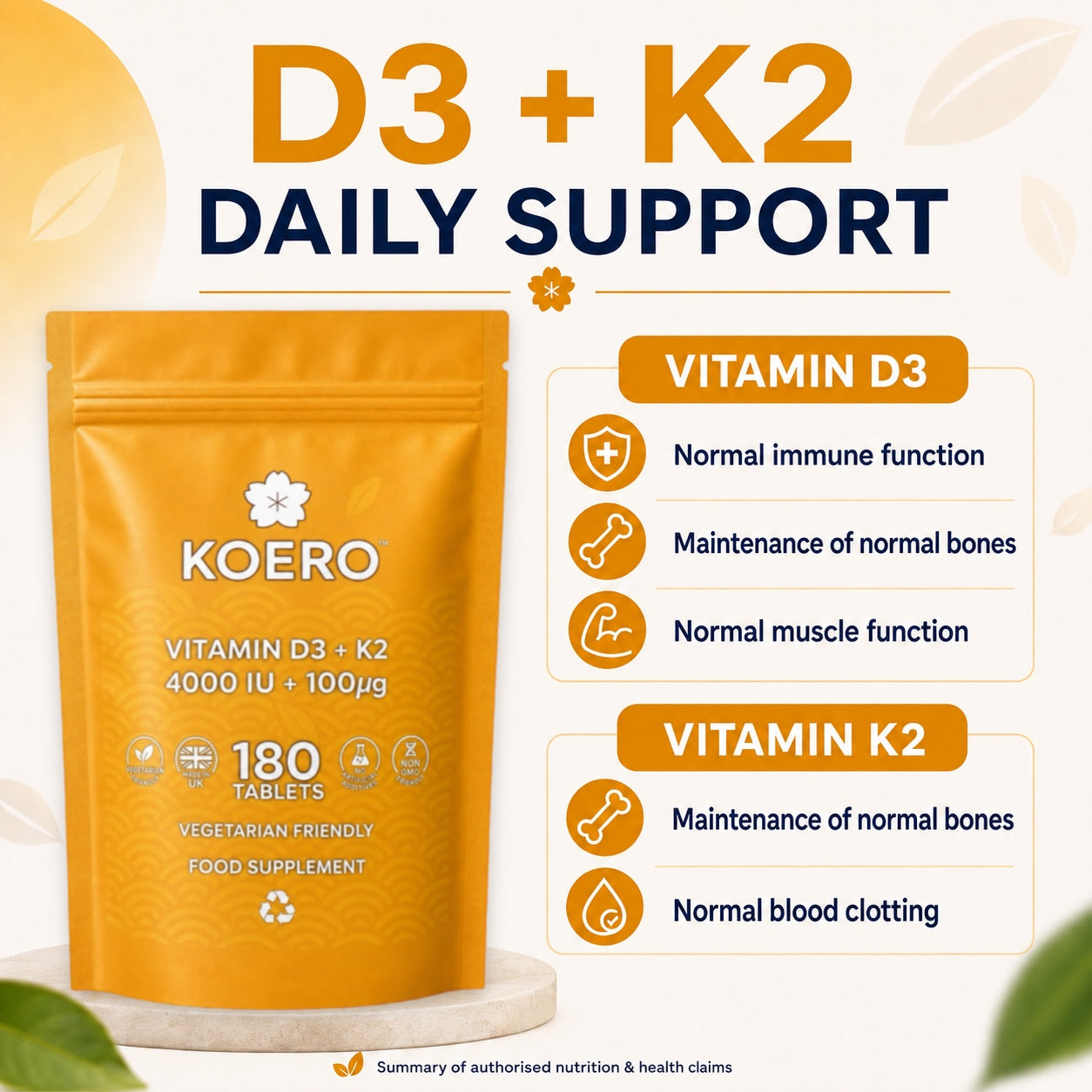 Vitamin D3 4000 IU + K2 MK-7 100 µg – 180 Tablets