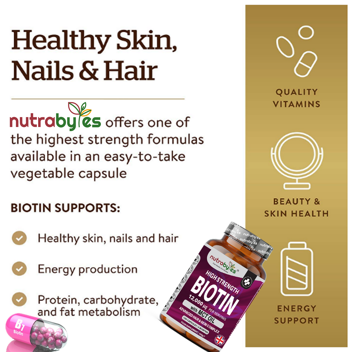 Biotin 12,000mcg with MCT Oil, 180 Capsules