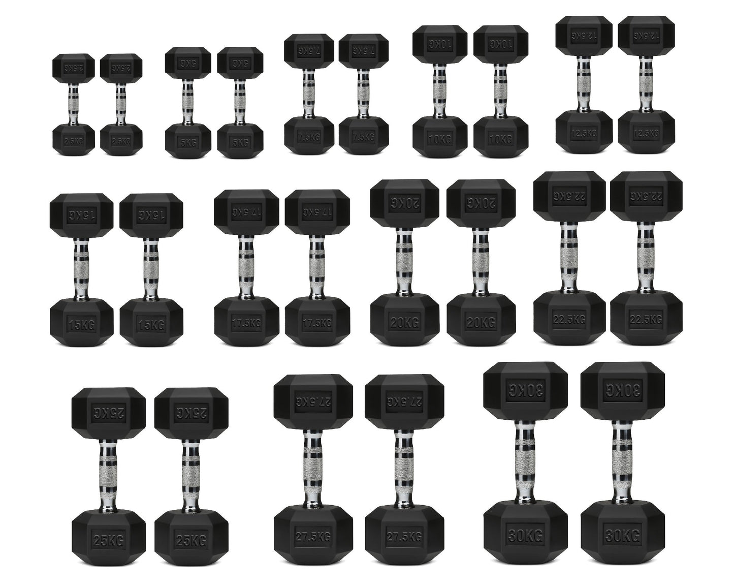 Hex Dumbbells Pair – Rubber-Coated Cast Iron – 2.5kg to 60kg – Premium Gym Weights