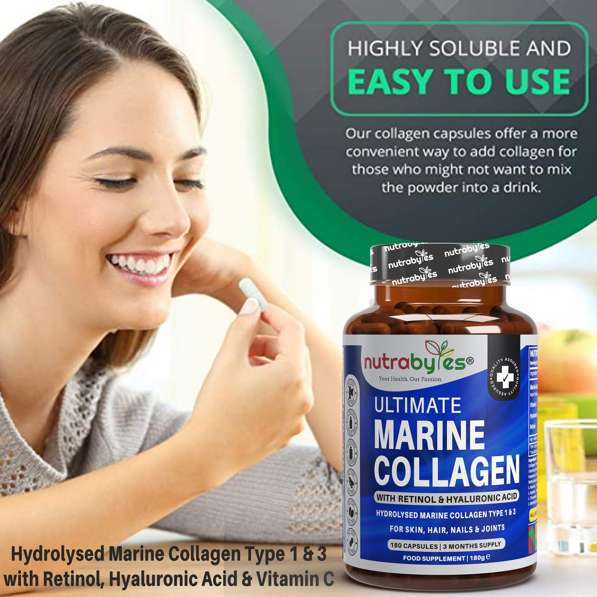 Marine Collagen Capsules with Vitamin C and Hyaluronic Acid (90 Days)