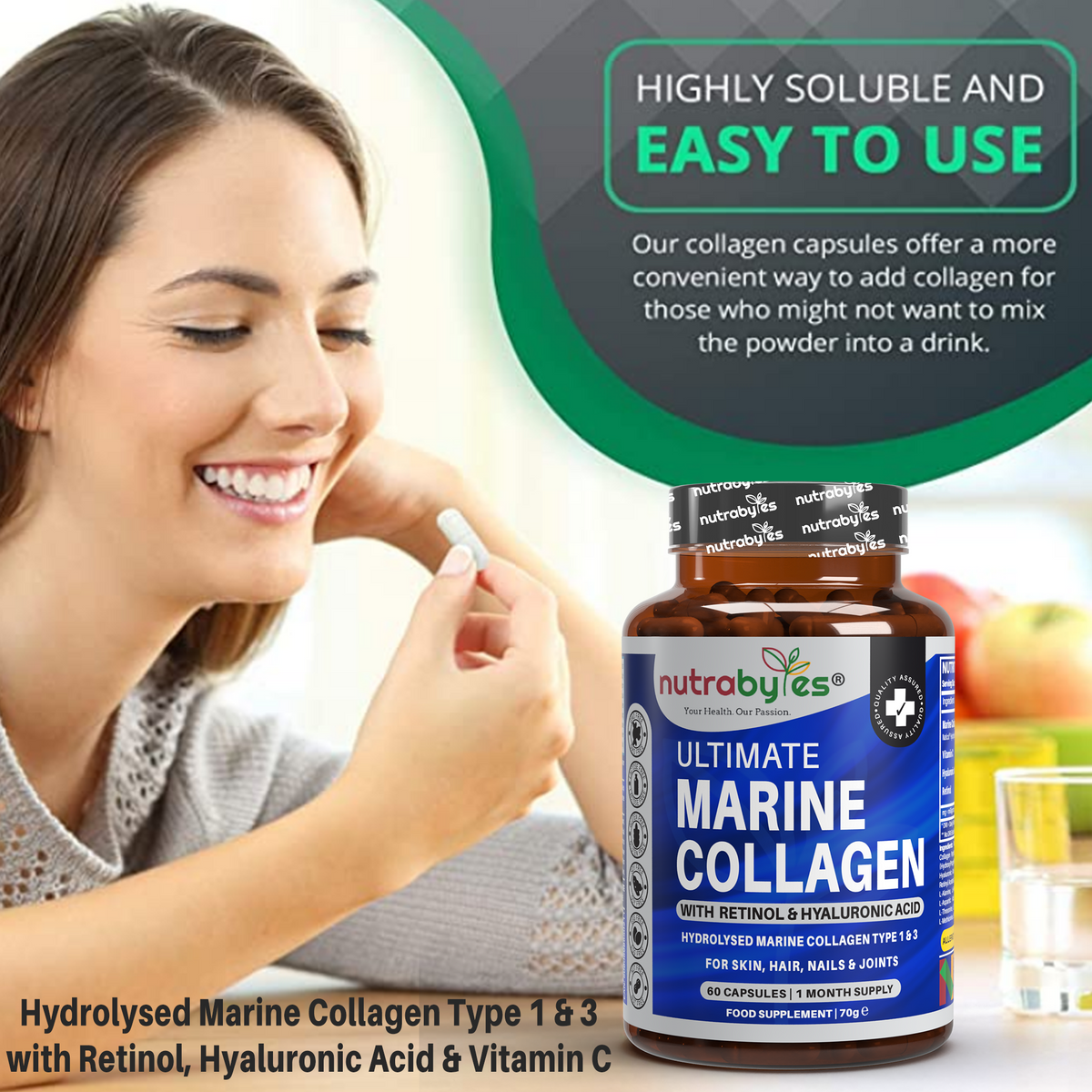 Marine Collagen Capsules with Vitamin C and Hyaluronic Acid (30 Days)