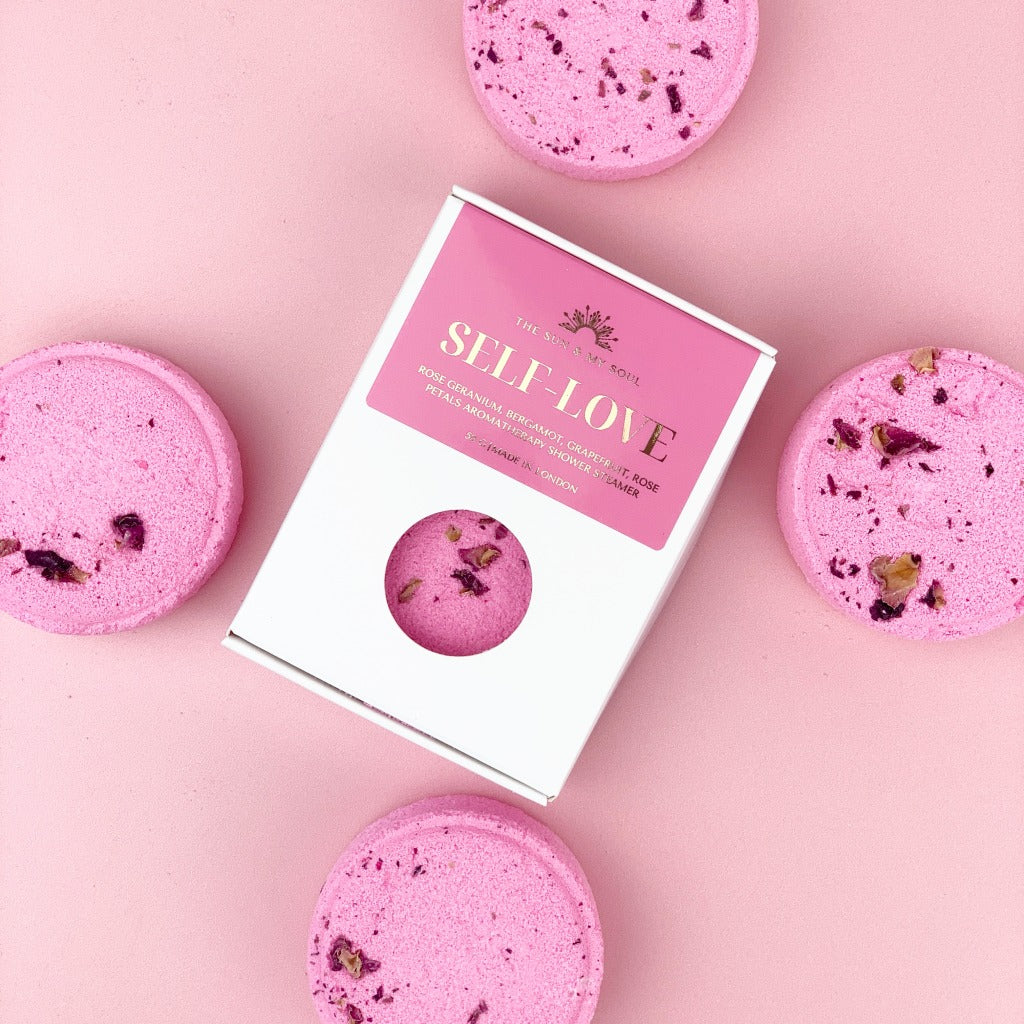 Self-love Aromatherapy Shower Steamer in Box - Rose Geranium, Black Pepper, Bergamot, Grapefruit and Rose Petals