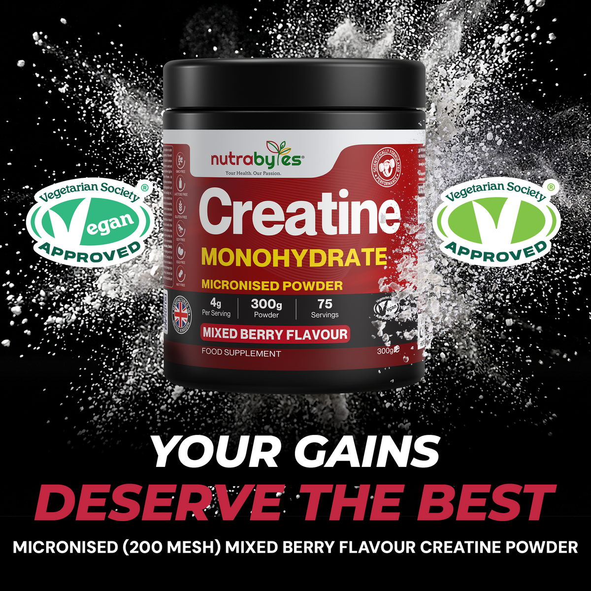 Creatine Monohydrate Powder | Micronised 200 Mesh | 300g | Mixed Berry Flavour | 4G Per Serving | Vegan Certified
