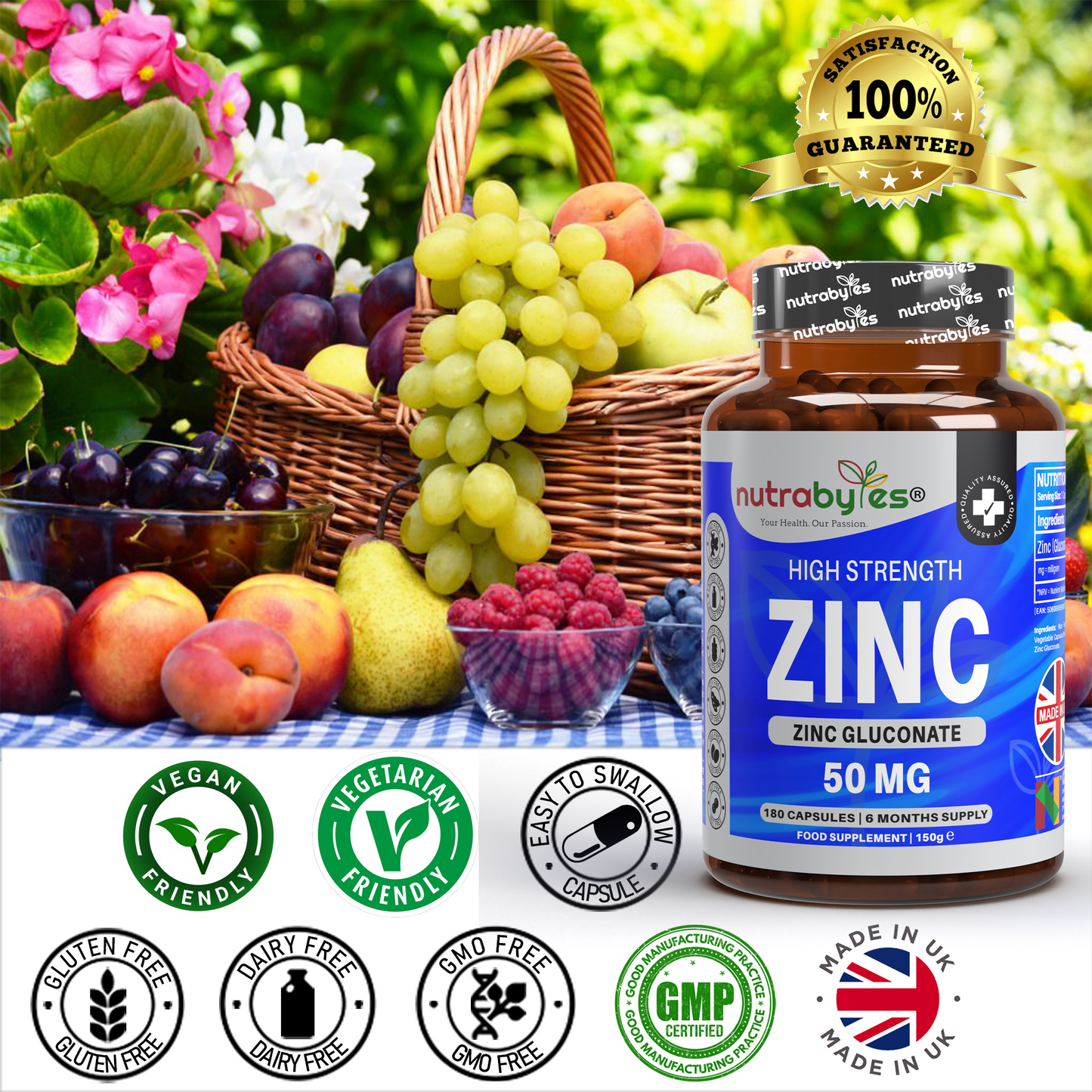 Zinc (Gluconate) 50mg | Maximum Strength, Pure Zinc Capsules | 180 Vegan Capsules | 6 Months Supply | Immunity Support, Eye & Skin Health | Made in the UK