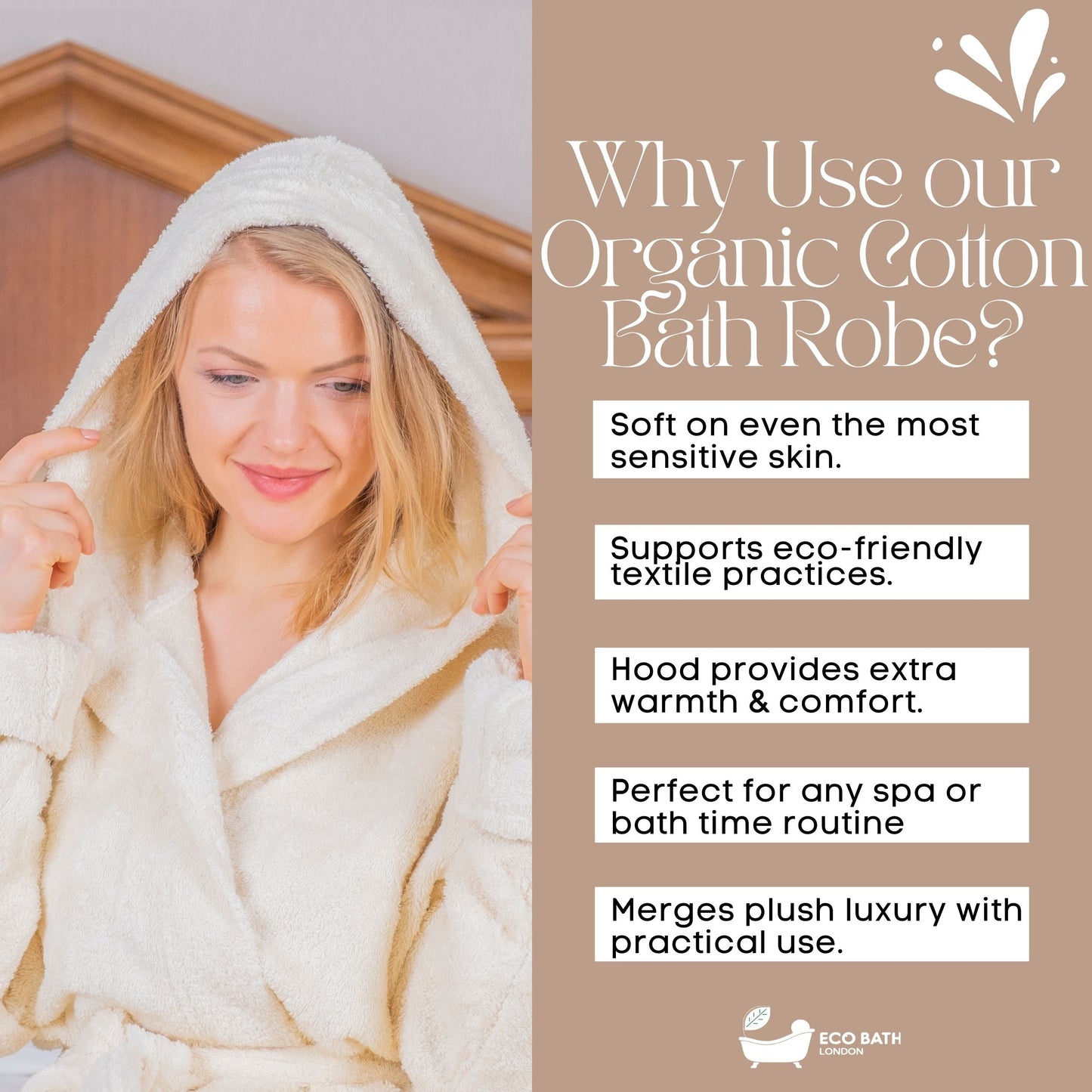 Eco Bath London Hooded Organic Cotton Bath Robe - 100% Certified Organic Cotton