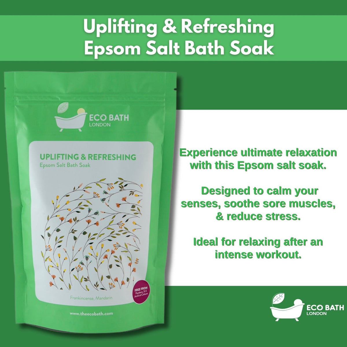 Eco Bath London Uplifting and Refreshing Epsom Salt Bath Soak - Pouch, 500g or 1kg
